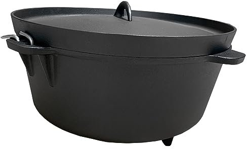 Dutch Oven aus Gusseisen 5,75 Liter - ohne Füße - inkl. Deckelheber und Topfständer - emalliert und muss nicht mehr eingebrannt werden - Feuertopf, Raketenofen, Schmortopf, Gulaschkessel