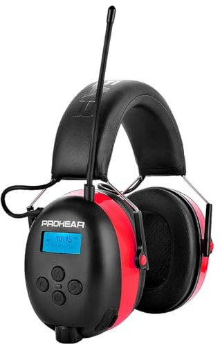PROHEAR 033A Casque Anti Bruit Radio, DAB+/FM Radio et Bluetooth sans fil, Protection Auditive Electronique Rechargeable, SNR 31dB/NRR 25dB, Pdéal Pour Chantier, Atelier, Jardin et Tonte,Rouge