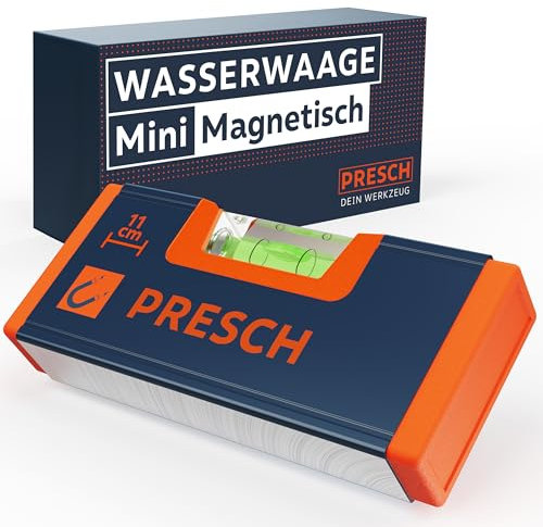 Presch Mini Wasserwaage 11cm - Verstärkter Magnet für maximale Haftkraft - Kompaktes Design - Innovativer Aufprallschutz & bruchfeste Acrylglaslibelle - Exakt Ausrichten dank extremer Genauigkeit