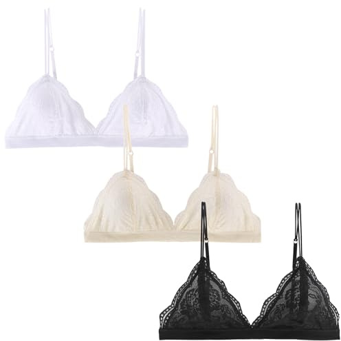Peachat Lace Bralettes for Women Floral Adjustable Thin Strap V Neck Hook Eye Unpadded Triangle Bralette Wire Free Bra (3 Pack(3 Pack Pads(BWC), M)