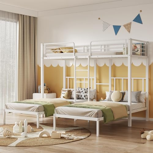 Moimhear Cama Triple, litera Triple con Escalera para niños y Adolescentes, Cama de Hierro con Puerta de Seguridad y Mesa (90x200cmx3, Blanco)