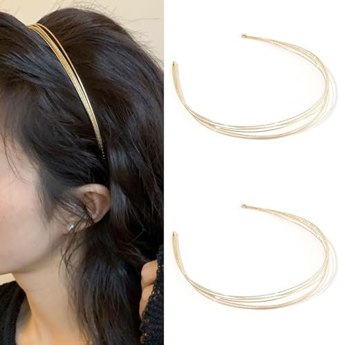 Mezrkuwr 2 Stück mehrlagige Metall-Stirnbänder für Damen, modisches, dünnes Stirnband, geschichtet, goldfarben, elegante Haarbänder, Kopfbedeckung, Haarschmuck für Mädchen