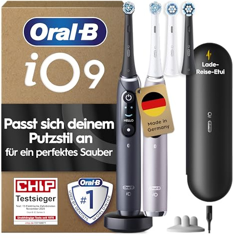 Oral-B iO Series 9 Elektrische Zahnbürste, Doppelpack — Electric Toothbrush, Inkl. 4 Aufsteckbürsten — 7 Modi für Zahnpflege, CHIP Testsieger (11/25), Designed by Braun, Schwarz und Rosa
