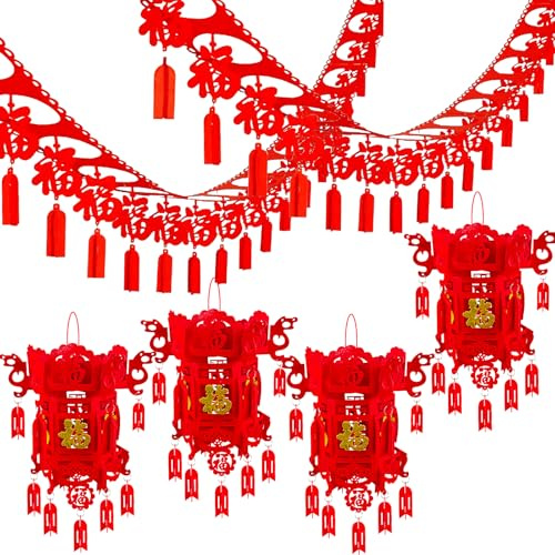 YumSur Confezione da 14 decorazioni per Capodanno cinese: 4 lanterne Fu, 2 ghirlande Fu, ornamenti da appendere fai da te, colore rosso, simboli cinesi
