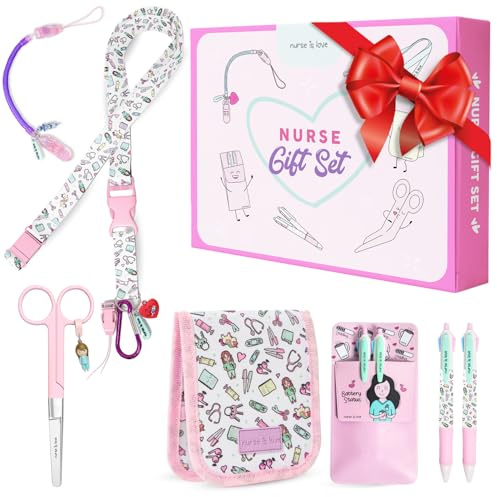 Nurse is Love Regali Personalizzati Set 5 Pz. | Porta Badge da Collo + Forbici Infermiere + Tasca Infermieri Organizer + Porta Penne da Tasca con 2 Penne Personalizzate + Porta Forbici Retrattile