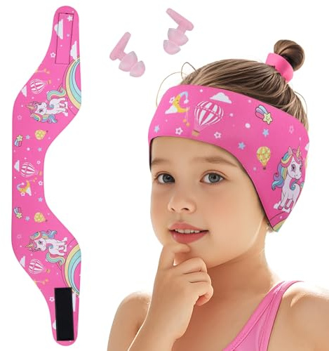 Funyord Bandeau de Natation Enfant, Bandeau Élastique avec avec Bouchons d'Oreille de Protection pour la Natation et Autres Sports Nautiques (Rose Bonbon, L)