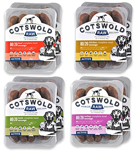 Cotswold RAW Raw Dog Food, 8kg, Active 80/20 Sausages, Adult Dog Food, BARF Premium British Meat Raw Food for All Dogs, Frozen Dog Meal, Mixed Sausages - Beef, Chicken, Lamb & Turkey