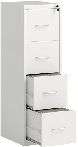 HOMCOM 4 Drawer Filing Cabinet, Vertical File Cabinet with Adjustable Hanging Bar for A4 and Letter Size, Steel Printer Stand for Home Office, White
