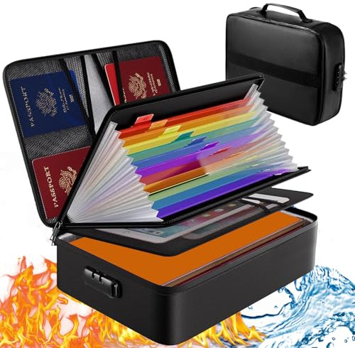 Caja Fuerte Ignífuga con Cerradura, Organizador de Documentos Importantes, Resistente al Agua, Maletín Portátil para Documentos con Bolsa Organizadora de Varias Capas para Archivos, Pasaporte