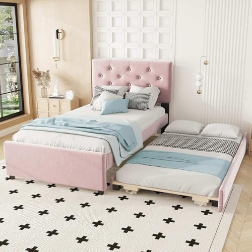 YEHTOKHOME Lit rembourré avec sommier à Lattes et Multifonctionnel lit gigogne,Moderne lit pour Adolescents avec tête et Boutons décoratifs,Velours(sans Matelas) (Rose, 90x200cm)