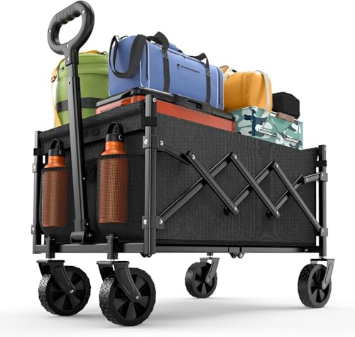 SURFOU Bollerwagen faltbar 100kg belastbar & 120L Volumen | Mit 360° All-Terrain Reifen | Robustes Stahlchassis & Wetterfeste Plane | Ideal für Camping, Strand und Festival (Schwarz)