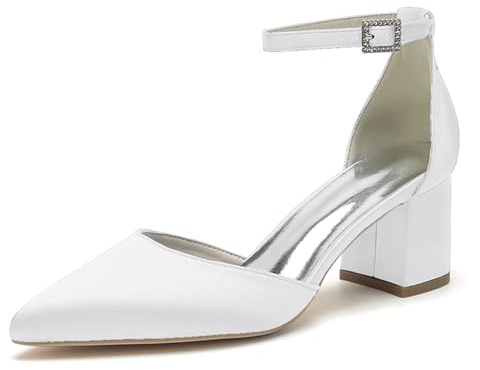 Scarpe da Sposa Donna con Punta Chiusa E Tacco Quadrato in Raso per Prom E Matrimonio,Bianca,35 EU