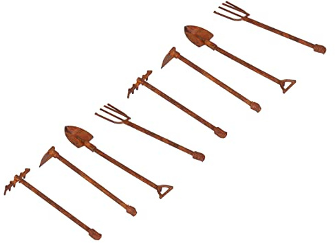Hztyyier Miniature Rusty Metal Shovel, Hoe and Pitchfork Dollhouse Kit in Retro Iron Art Style, Ideal for Detailed Life Scenes and Photo Props (4 tools)