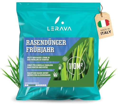 LERAVA Concime Prato Primavera (110m²) - Fertilizzante per Prato Verde e Rigoglioso - Concime Azotato Antimuschio a Lenta Cessione - Rigenerazione e Nutrizione del Tappeto Erboso per Tutta la Stagione