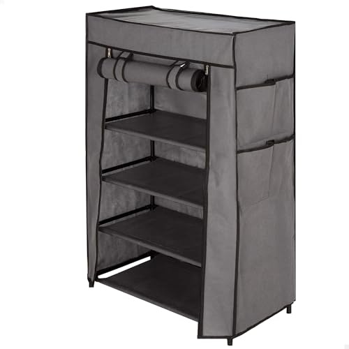 AKTIVE Max Home Armario zapatero tela, 60x30x90 cm, 4 estantes, 4 bolsillos, Cubierta enrollable, Funda extraíble gris, Peso soportado 10 kg, Muebles camping, Estancia temporal (18817)
