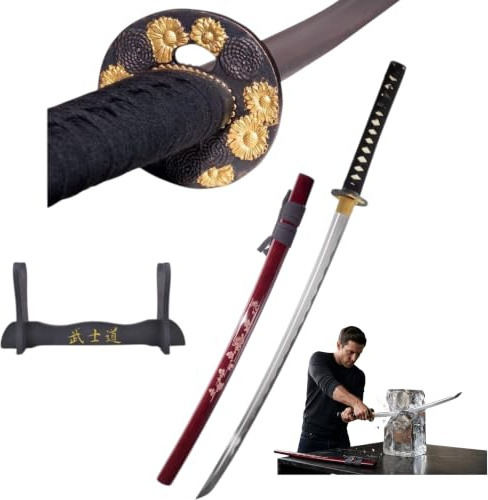 Lange Machete Katana Rot Schwert Scharf Echt Zum Training Metall Stahl 1045 Handgravierte Scheide Samurai 100% Handarbeit nur für Erwachsene - 18 Jahre erforderlich DS034