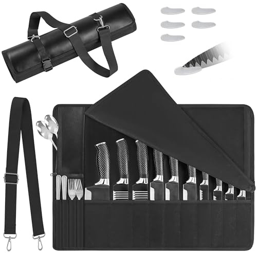 OUUTMEE 14-spår kockkniv rullväska, vaxad kanvas knivväska, Svart - Läder, Leather, Läder | Knivfodral förvaringsväska för camping, vandring | kulinariskt verktyg rullväska | gåvor för män pappa far