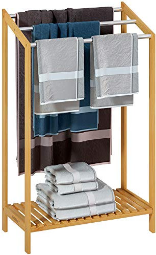 CASARIA® 3 Tier Freestanding Bamboo Towel Rack with Stainless Steel Rails and Storage Shelf | 85x51x31cm | Bathroom Towel Bar Stand & Clothes Drying Airer | Modern Sturdy Organiser | No Drilling