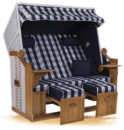 Strandkorb Hanse Strandkorb Ostsee ROYAL XXL Volllieger - 2,5 Sitzer 150cm extra breit - ideal für Garten, Terrasse oder Balkon (Blau Weiß Kariert, Montiert)