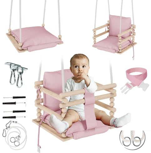 MAMOI® Baby gungstol 3-i-1 + säkerhetsbälte | tak 190–260 cm höjdjustering | småbarn gunga inomhus utomhus | babygunga trä | 3-i-1 gunga som växer med barn | 100 % eco | tillverkad i EU