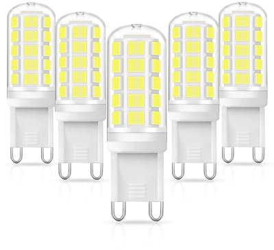 Lampadina G9 Led Luce Fredda 6000K, 3W Equivalente 40W, 400 Lumen, 220-240V Angolo a fascio 360 °, Non Dimmerabile, Lampadine g9 led per Soggiorni, Camere da Letto, Corridoi, 5 Pezzi