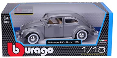 Bburago VW Käfer '55, grau - Modellauto 1:18 Die-Cast Originalgetreues Sammlerauto Spielzeugauto mit beweglichen Türen, Motorhaube und Kofferraum, ab 3 Jahren (18-12029G)