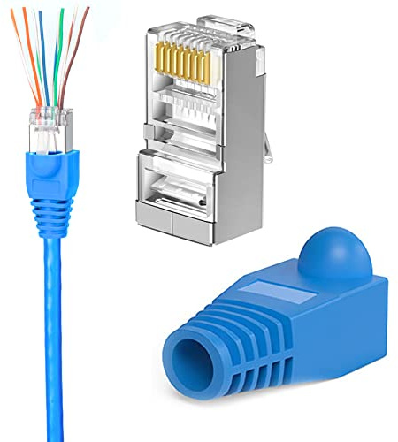 Solsop STP geschirmte RJ45-Stecker, 50 Stück Cat6 Cat6A Durchgangsverbinder + 50 Stück Stiefelabdeckung