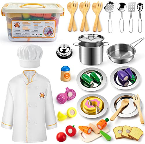 SLEMAKO Accessoire Cuisine Enfant, Chef Jeu de rôleUstensiles de Cuisine Jouet en Bois avec Acier Inoxydable Casseroles et Poêles Cuisine et Costume Habiller, Cadeau Parfait pour Noël et fête