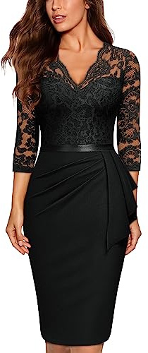 MIUSOL Women's Vintage Lace V-Neck 3/4 Sleeves Cocktail Party Formal Wedding Guest Work Bodycon Dress (Medium, Black)