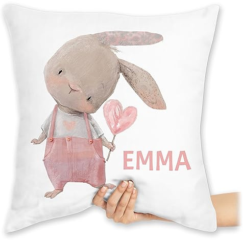 Kissen 40x40 Zierkissen - Süßer Hase Mädchen mit Name personalisiert I Häschen I Rabbit I Langohr I Süße Hasen - 40 x 40 cm - Weiß - kaninchenkissen Custom Pillow hasenmotiv Emma kissenhülle