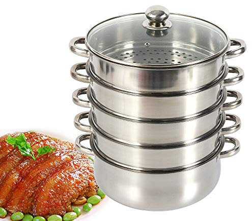 Cuiseur à Vapeur 5 Niveaux Acier Inoxydable 30cm, Cuit Vapeur à Induction avec Couvercle en Verre, Poignées en Silicone pour Cuisinières à Gaz à Induction Électriques Halogènes
