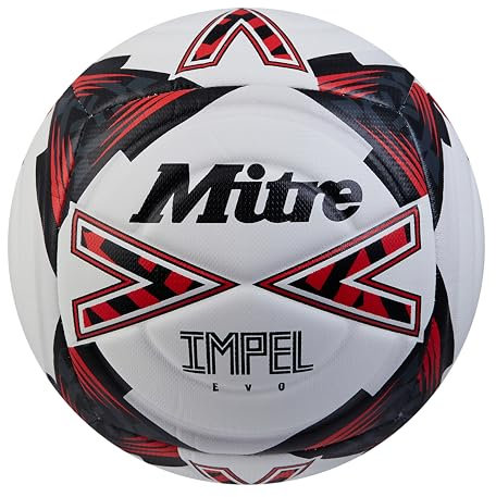 Mitre Impel Evo Fußball | strapazierfähiger Trainingsball | Hyperseam-Technologie, Weiß/Schwarz/Leibchenrot, 3