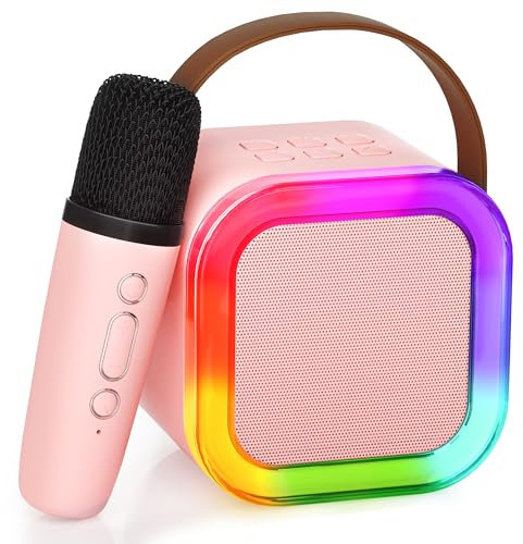 Ankuka Mini Bluetooth Karaoke Maschine, 2024 Spielzeug Karaoke mit 1 Mikrofon für 4, 5, 6, 7, 8, 9, 10, 12 Jahre alte Mädchen Geburtstagsparty, mit LED-Umgebungsbeleuchtung. (Rosa)