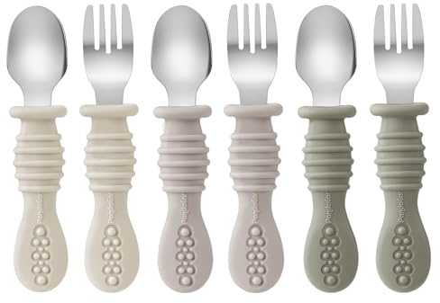 PandaEar Set di 6 forchette e cucchiaio per bambini, in silicone e acciaio inox, senza BPA, colore: noce, lino, marrone