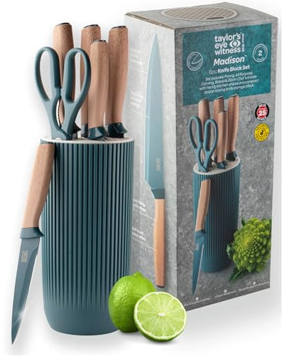 Taylors Eye Witness 6 Piece Knife Block Set – Razor Sharp Blue Kitchen Knives with Stylish Ribbed Block. Stainless Steel Precision, Scratch-Resistant Coated Blades with Soft Touch Wooden-Look Handles