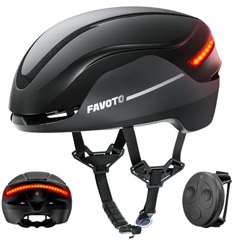 Favoto Casque de vélo électrique Noir avec lumières LED et Clignotants, certifié CE, Casque de Cyclisme pour Adulte avec télécommande, Casque de navetteur léger et réglable, 59 à 61 cm