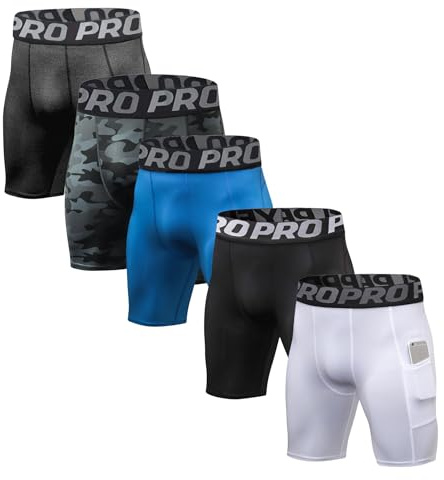 BEGIANT Set med 3/5 kompressionsshorts för män, sportunderkläder, snabbtorkande sportunderkläder, säker ficka, cykelträning, fitness bodybuilding, Set med 5: svart/blå/vit/kol/kamouflage svart, L