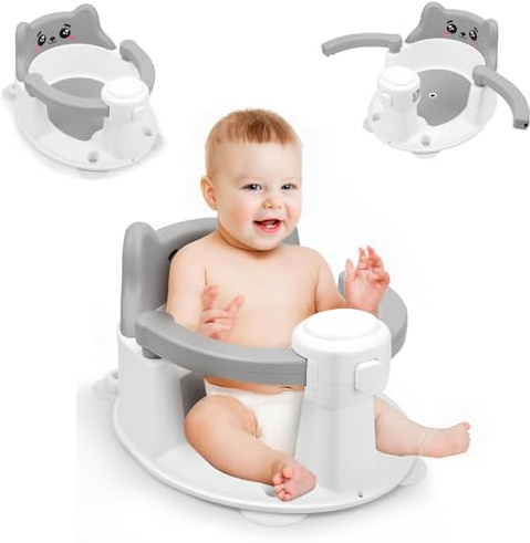 Baby Bath Seat, Toddler Bath Support Seat for Babies 6 Months & Up, Non-Slip Baby Sitting Up Bath Chair with Open Backrest, 4 Suction Cups, Portable Infant Bathtub Chair, Newborn Shower Gift, Grey