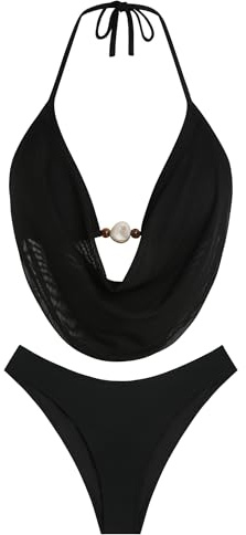 ZAFUL Women's Two Piece Bikini Sets Triangle Halter Swimsuit Deep V Cowl Neck Ruching Bathing Suits Black S