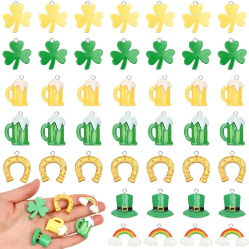 Augshy St. Patrick's Day Resin Charms, 64Pcs Gold Green Shamrock Charm Horseshoe Rainbow Beer Pendants Embellishment for Irish Bracelets Necklace Earrings Jewelry Making Supplies Keychains DIY Crafts Hanging Ornaments