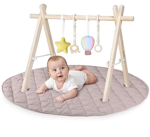 Lionelo Anis Set Manta de Actividades Bebé con Gimnasio de Madera, Baby Gym Montessori con Juguetes Desmontables, Alfombra de Algodón Antideslizante 2 cm, Plegable