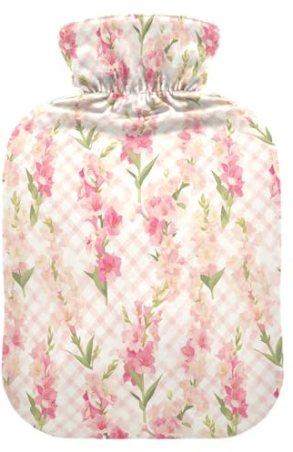 Gladiolus blommor Gingham varmvattenflaskor med mjukt fodral, 1 L varmvattenpåse för periodkramper