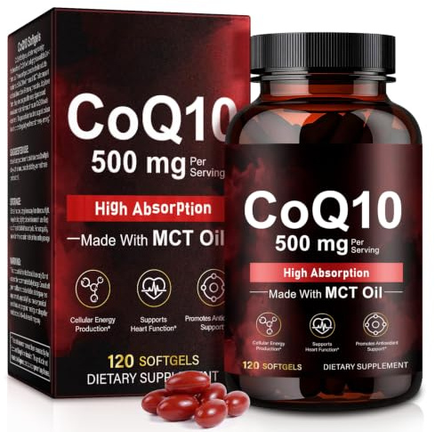 High Absorption CoQ10 Supplement Capsules 120 Count, 500mg Ubiquinone with Coconut MCT Oil, Clean Non-GMO Formula, Support Daily Antioxidant, Free of Soy, Dairy & Gluten