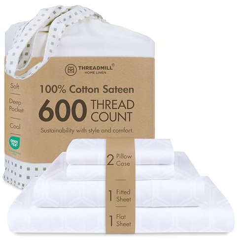 Threadmill Sábanas 100% algodón para Cama de tamaño matrimonial, Juego de sábanas de 600 Hilos con Bolsillo Profundo de 16 Pulgadas, Juego de Ropa de Cama de 4 Piezas con Tejido de satén Jacquard con