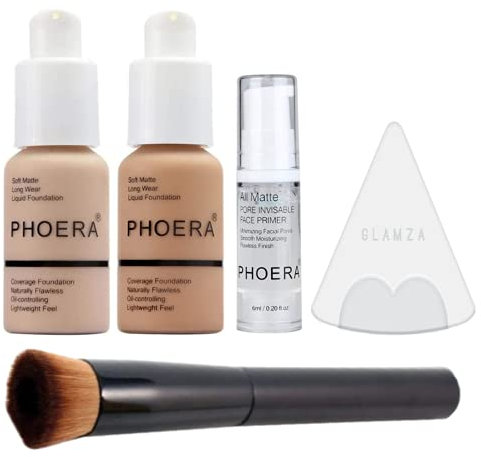 Phoera Foundation Full Coverage Makeup Set - Includes Nude & Buff Beige 30ml, 6ml Face Primer PLUS Liquid Foundation Brush & Silicone Blender Sponge for Easy Application