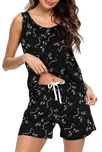 ENJOYNIGHT Pijama corto para mujer, conjunto de pijama de verano con camiseta sin mangas y pantalones cortos, ropa de dormir para mujer, conjunto de estar por casa de algodón | Conjunto de pijama de verano de dos piezas, ajuste holgado y relajado, cordón ajustable en la cintura