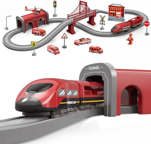 XIAPIA Electric Train Set, 66-Piece Red Fire Engine Railway Toy