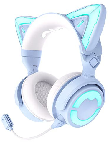 YOWU RGB Cat Ear Headphone 4, Upgraded Wireless & Wired Gaming Headset with Attachable HD Microphone -Active Noise Reduction, Dual-Channel Stereo & Customizable Lighting and Effect via APP (Blue)…