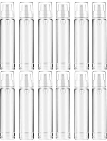 12 Jars 10ml Small Ounce Transparent Clear Airless Pump Bottles Cream Lotion Vacuum Containers Cosmetic Foundation Sample Travel Liquid Pressure Bottle Vial 0.3oz