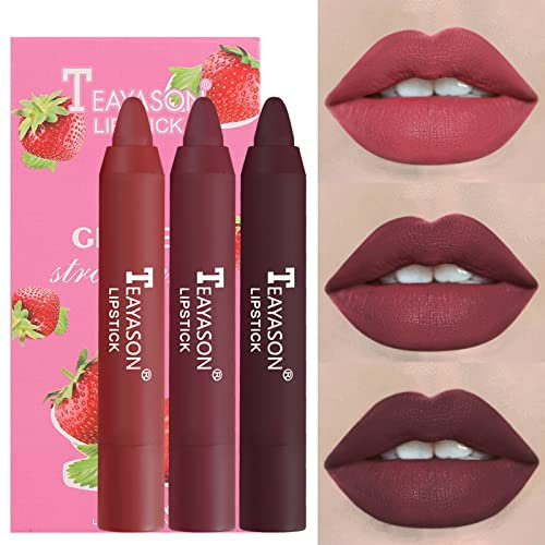 Rouge à Lèvres Glossy Longue Tenue Waterproof, Ensemble de Rouge à Lèvres Mat, 3 Couleurs Hydratantes Crémeuses (04)